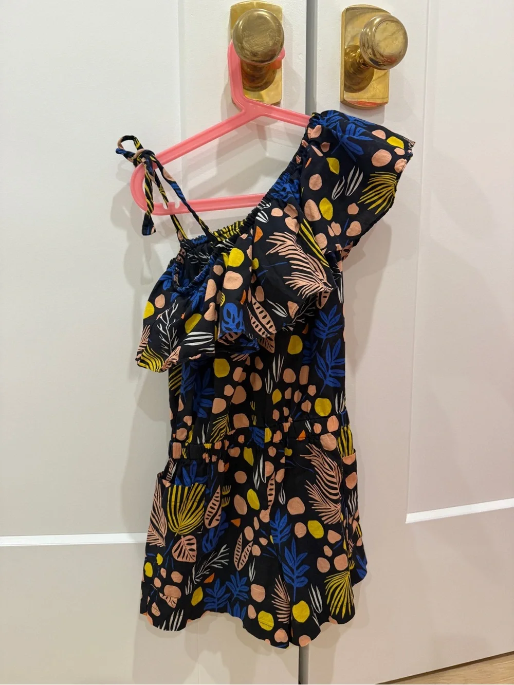 Girls Navy One-Shoulder Tropical Print Romper